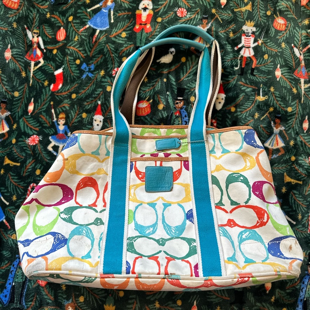 COACH XL Watercolor Canvas Signature Monogram Tote Cary-all Bag